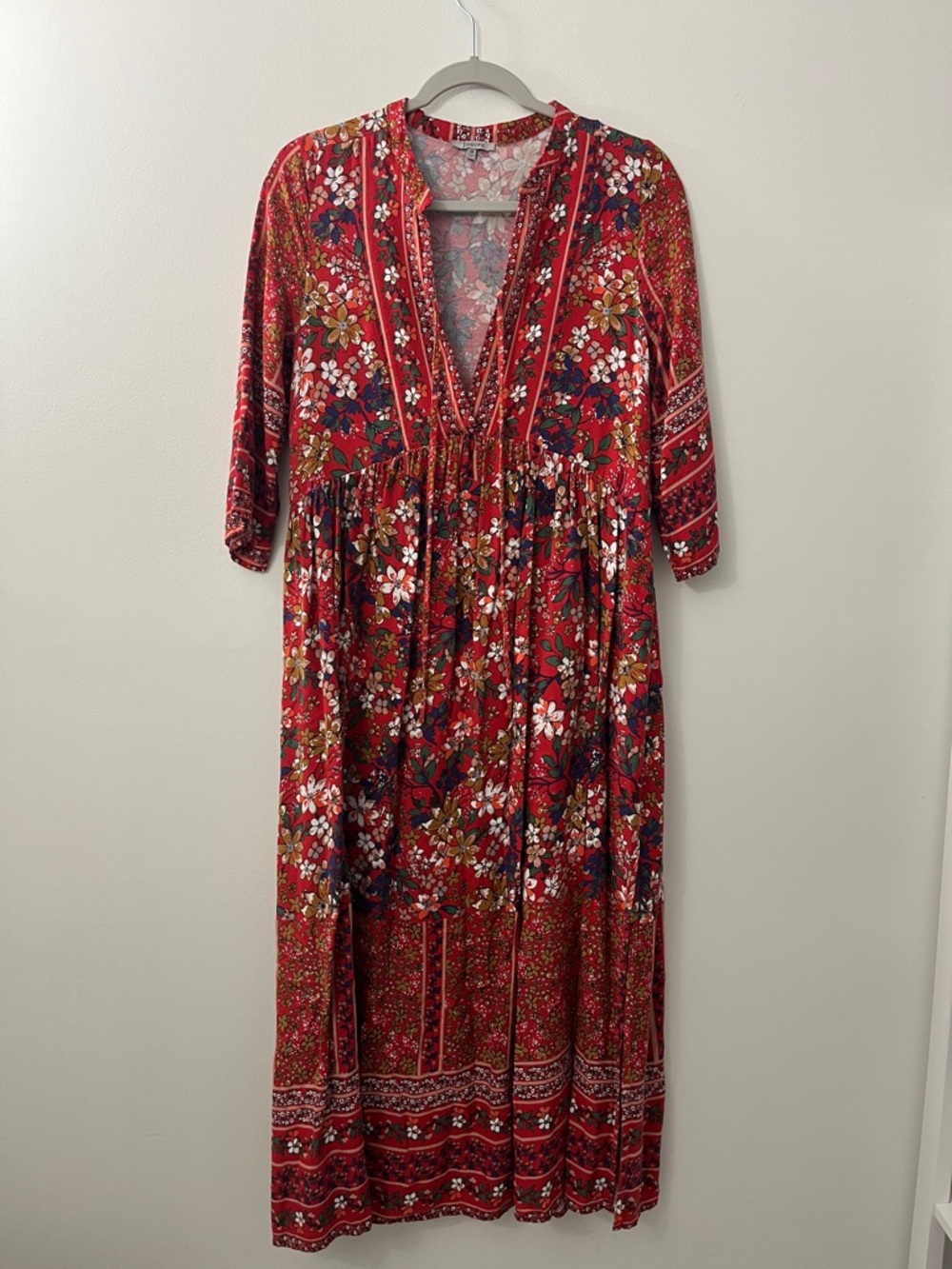JODIFL Red Floral V-Neck Maxi Dress